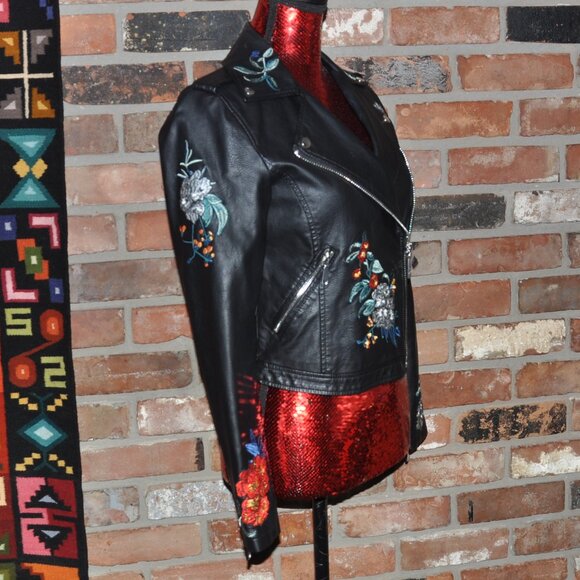 Guess Floral Embroidered Faux Leather Moto Jacket XS - Picture 2 of 7